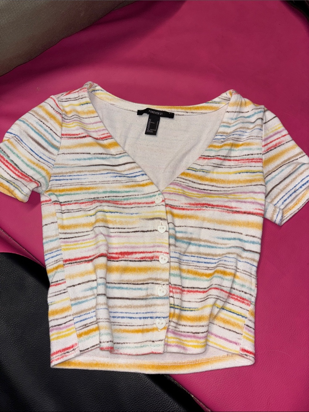 Forever 21 White Stripe Button-Front Crop Top with Multicolor Lines